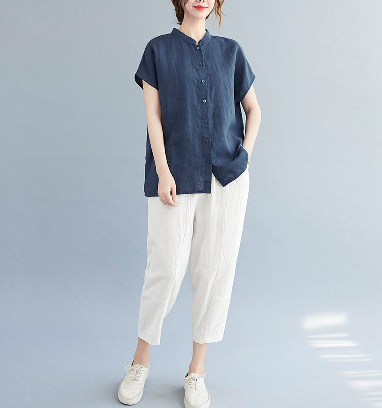 Women Cotton Mandarin Collar Shirt Style Top
