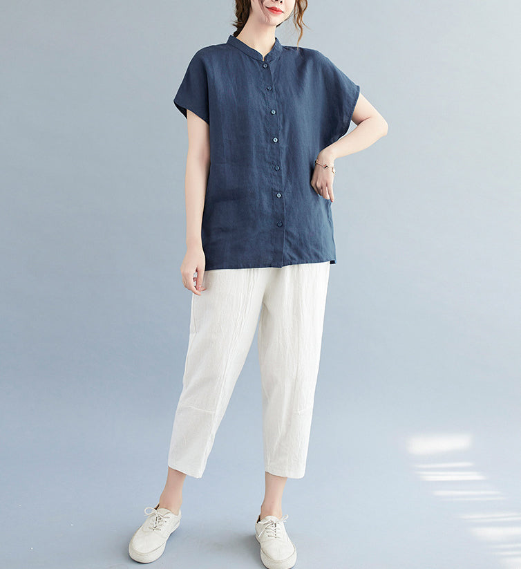 Women Cotton Mandarin Collar Shirt Style Top