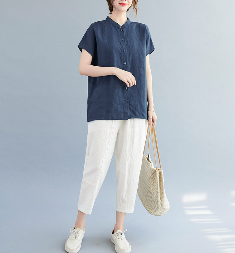 Women Cotton Mandarin Collar Shirt Style Top