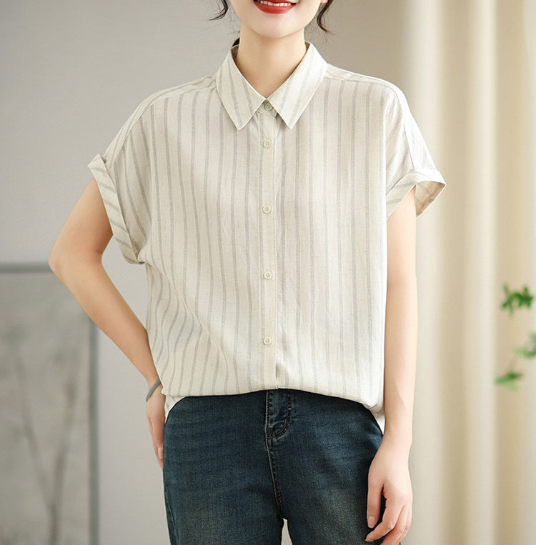 Women Vertical Stripes Spread Collar Casual Shirt
