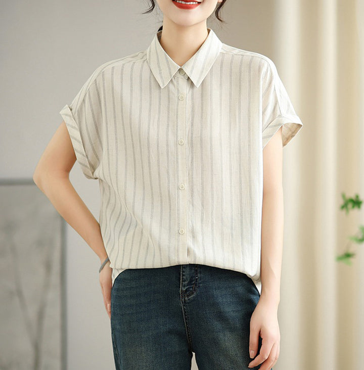 Women Vertical Stripes Spread Collar Casual Shirt