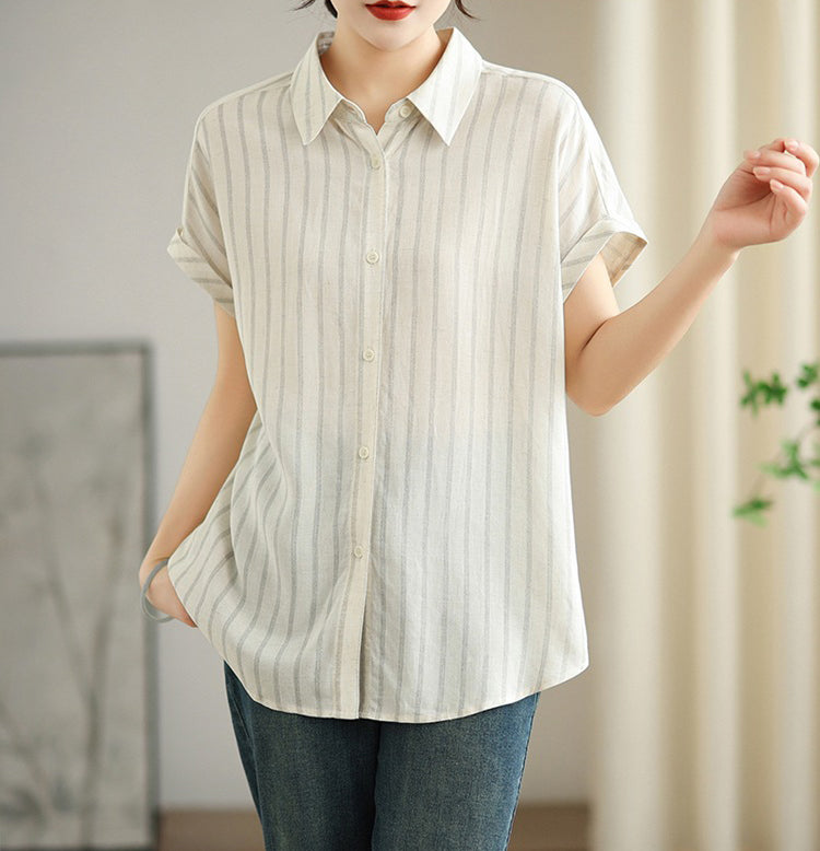 Women Vertical Stripes Spread Collar Casual Shirt