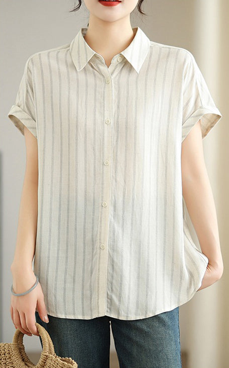 Women Vertical Stripes Spread Collar Casual Shirt