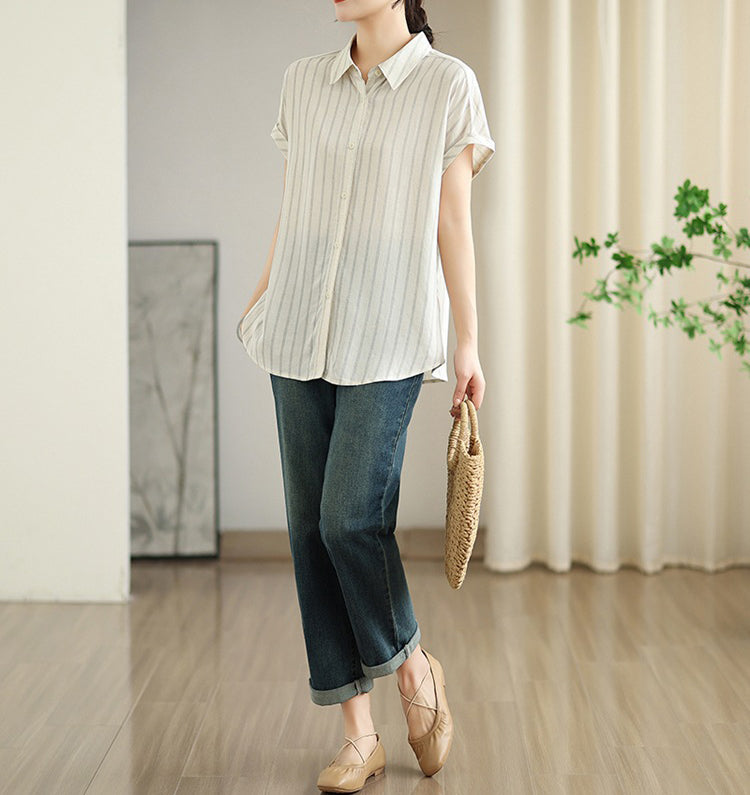 Women Vertical Stripes Spread Collar Casual Shirt