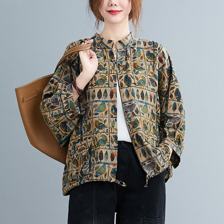 Print Tie-Up Neck Flared Sleeve Tropical Top