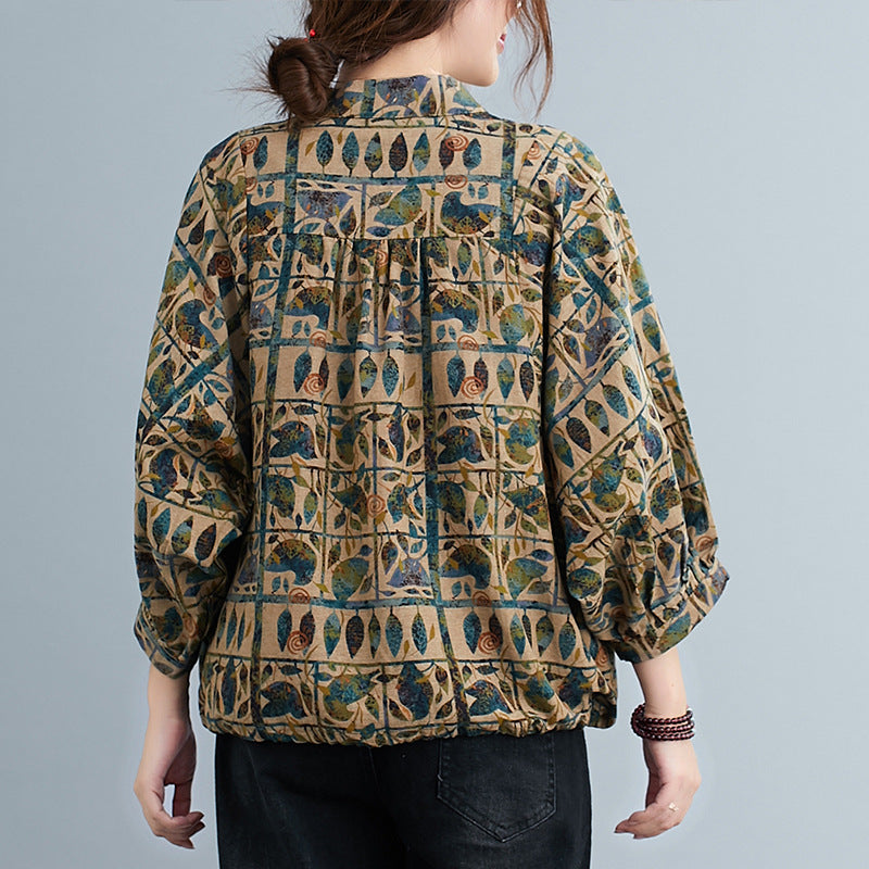 Print Tie-Up Neck Flared Sleeve Tropical Top