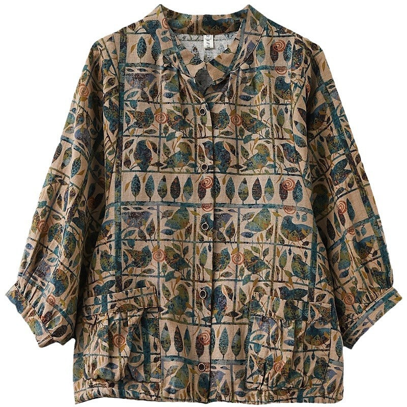 Print Tie-Up Neck Flared Sleeve Tropical Top