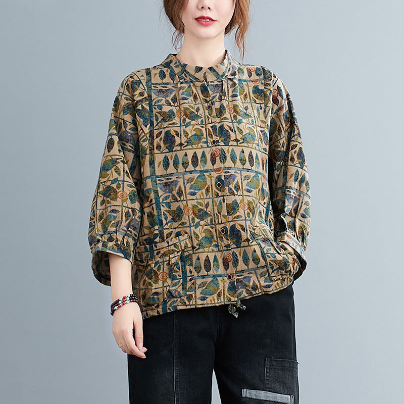 Print Tie-Up Neck Flared Sleeve Tropical Top