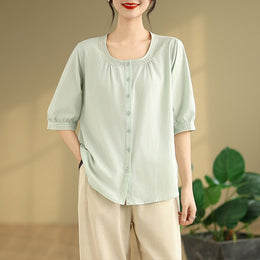 Women Solid Collarless Cotton Casual Shirt
