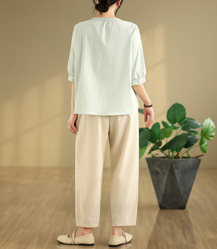 Women Solid Collarless Cotton Casual Shirt