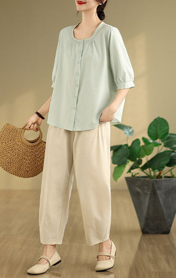 Women Solid Collarless Cotton Casual Shirt