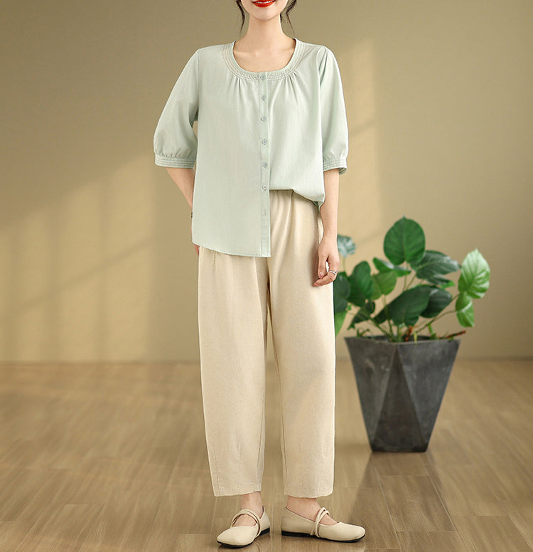 Women Solid Collarless Cotton Casual Shirt