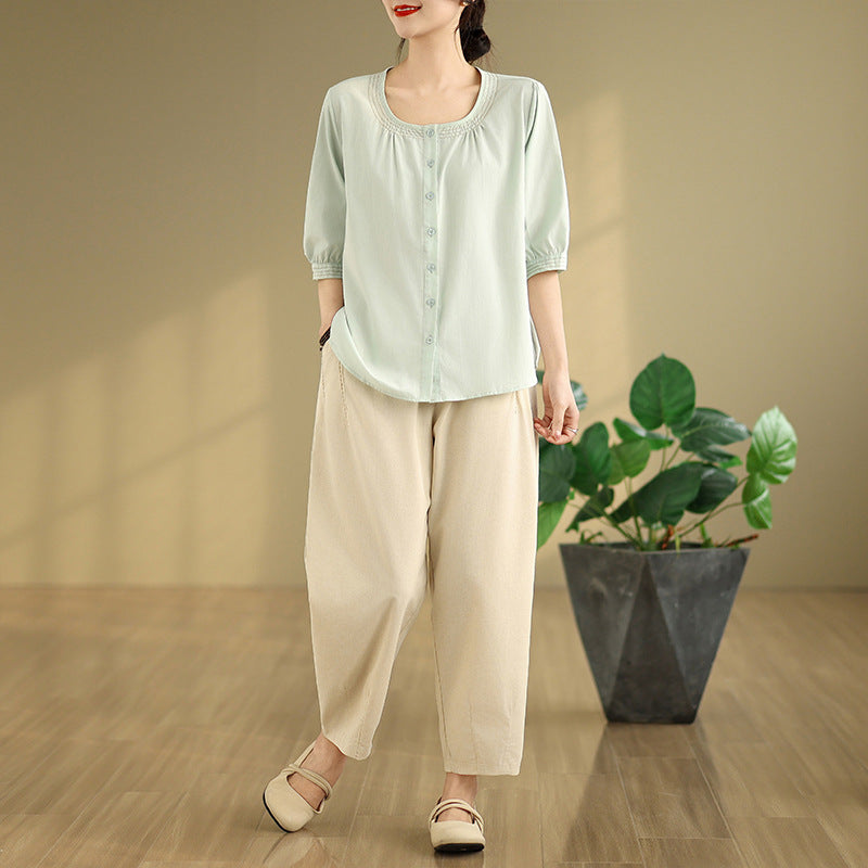 Women Solid Collarless Cotton Casual Shirt