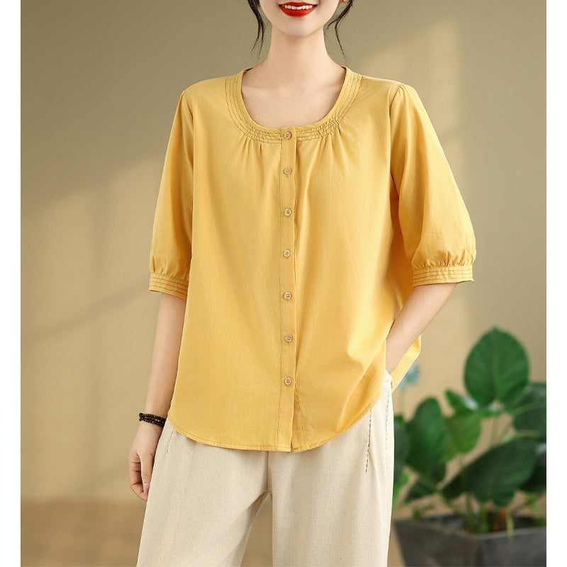 Women Solid Collarless Cotton Casual Shirt