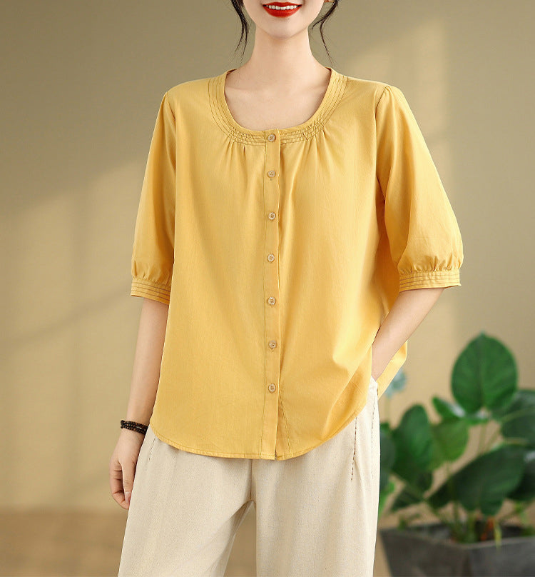 Women Solid Collarless Cotton Casual Shirt