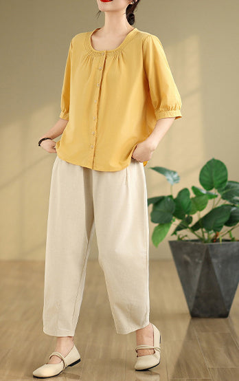 Women Solid Collarless Cotton Casual Shirt