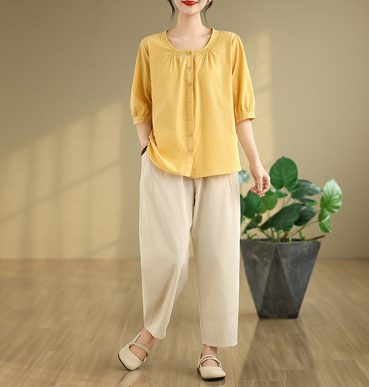 Women Solid Collarless Cotton Casual Shirt