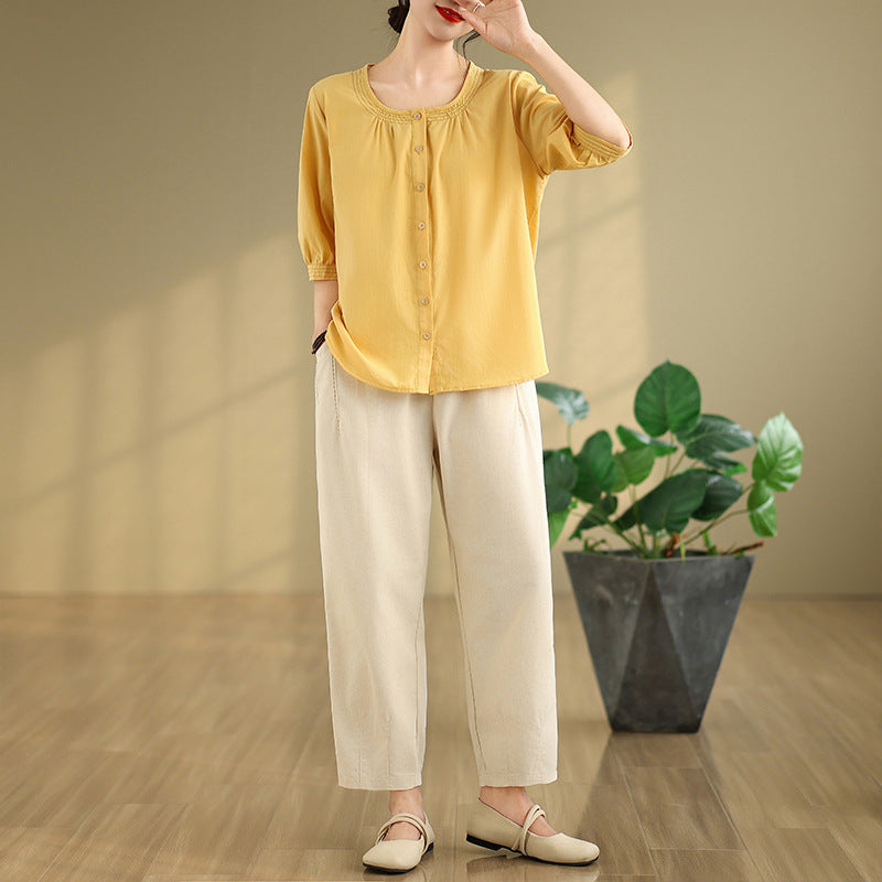 Women Solid Collarless Cotton Casual Shirt