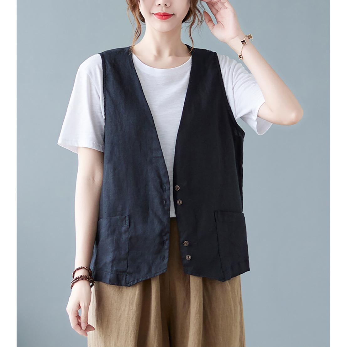 Women Sleeveless Linen Collarless Tailored Jacket