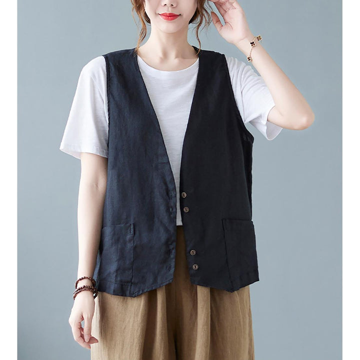 Women Sleeveless Linen Collarless Tailored Jacket