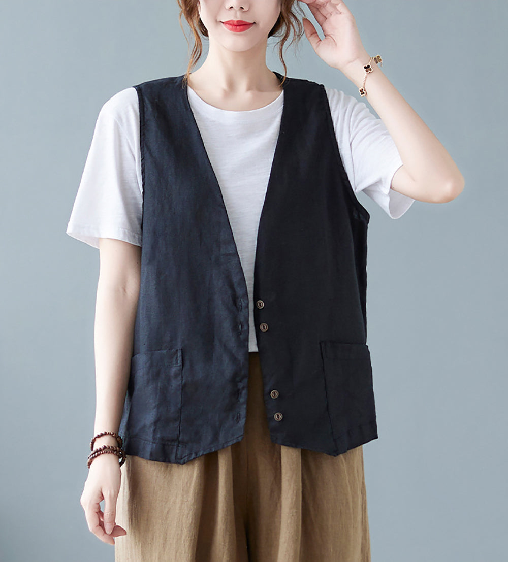 Women Sleeveless Linen Collarless Tailored Jacket