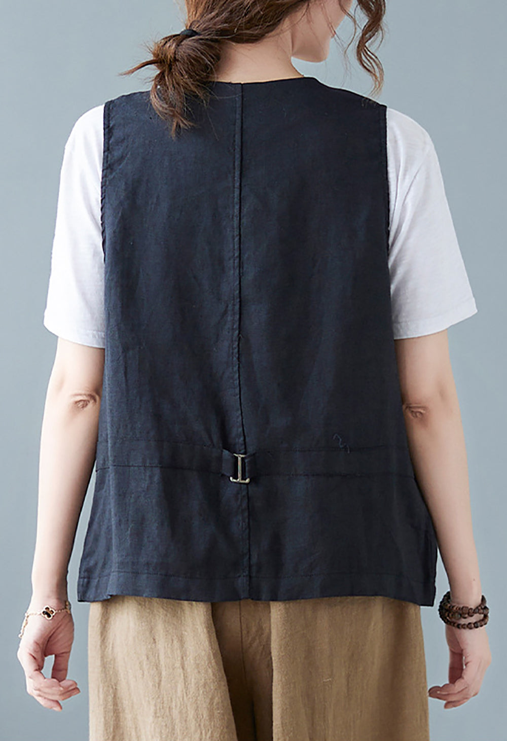 Women Sleeveless Linen Collarless Tailored Jacket