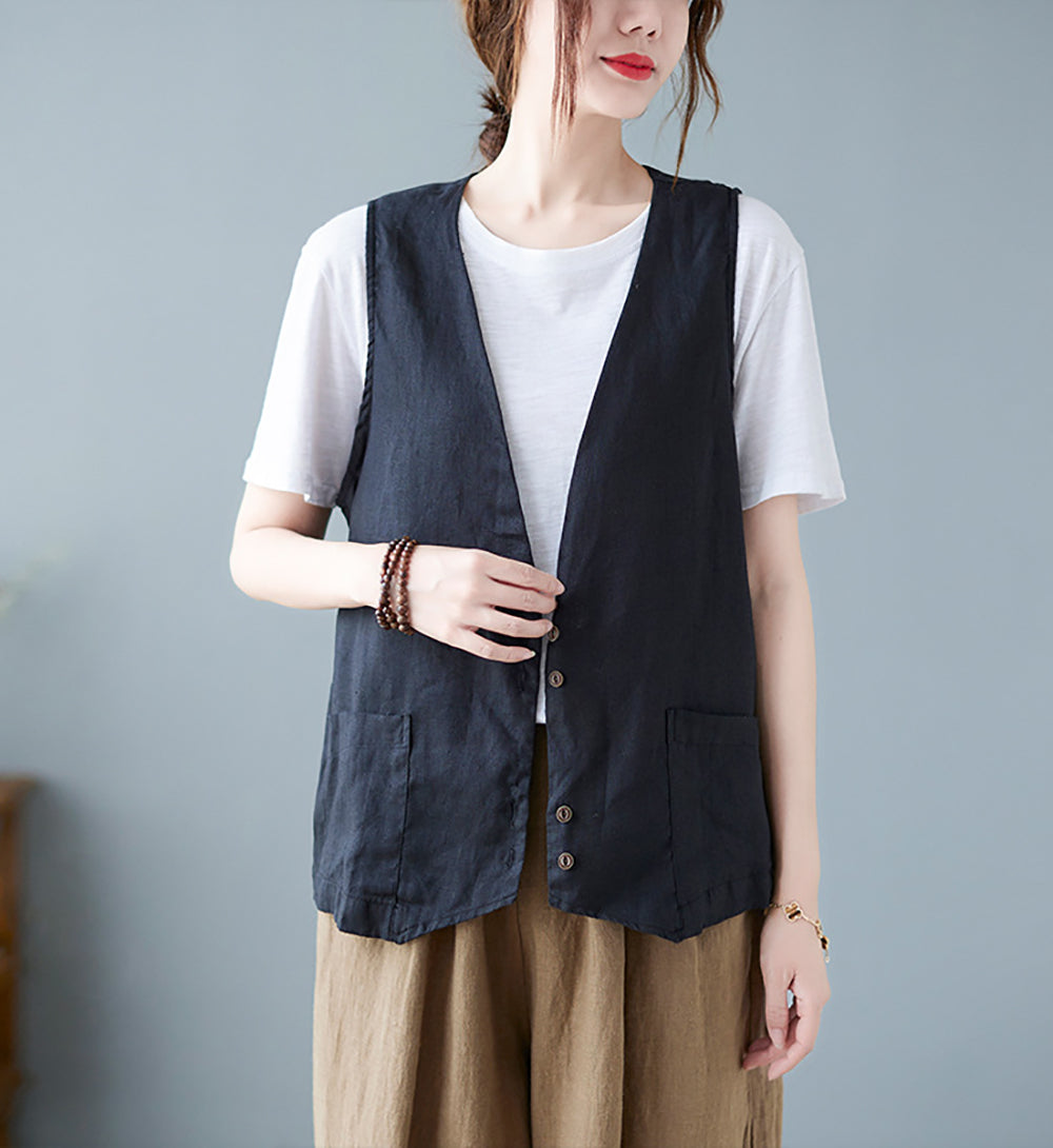 Women Sleeveless Linen Collarless Tailored Jacket