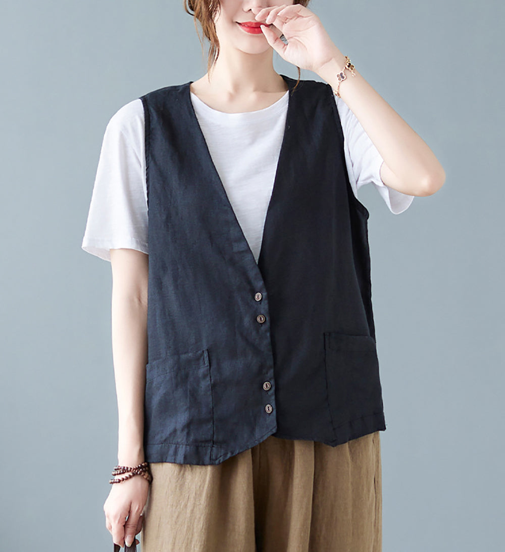 Women Sleeveless Linen Collarless Tailored Jacket