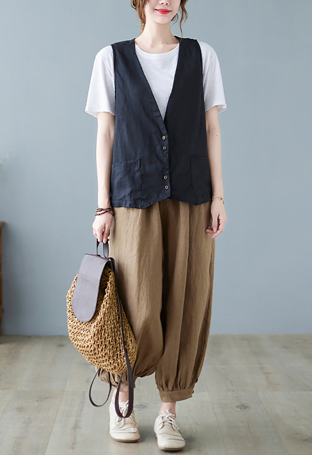 Women Sleeveless Linen Collarless Tailored Jacket