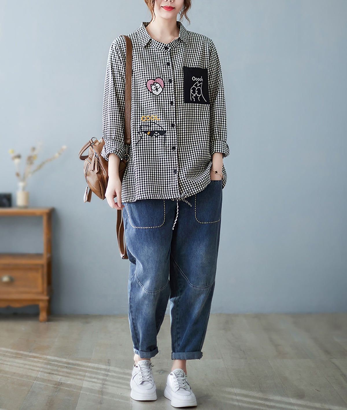 Women Gingham Checked Cotton Shirt