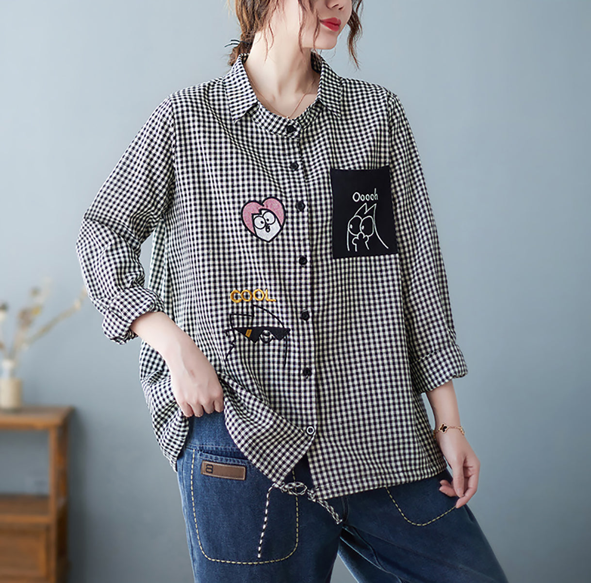 Women Gingham Checked Cotton Shirt