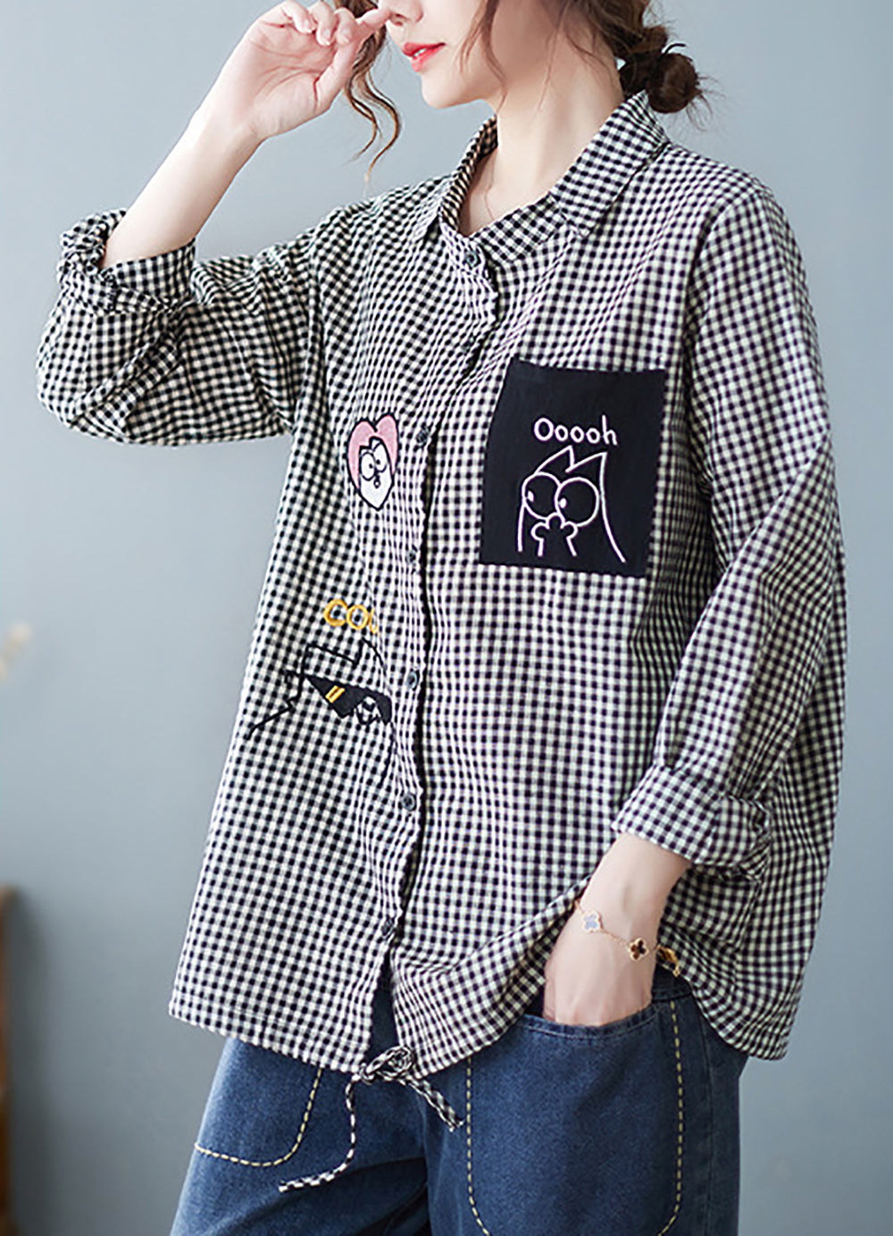 Women Gingham Checked Cotton Shirt