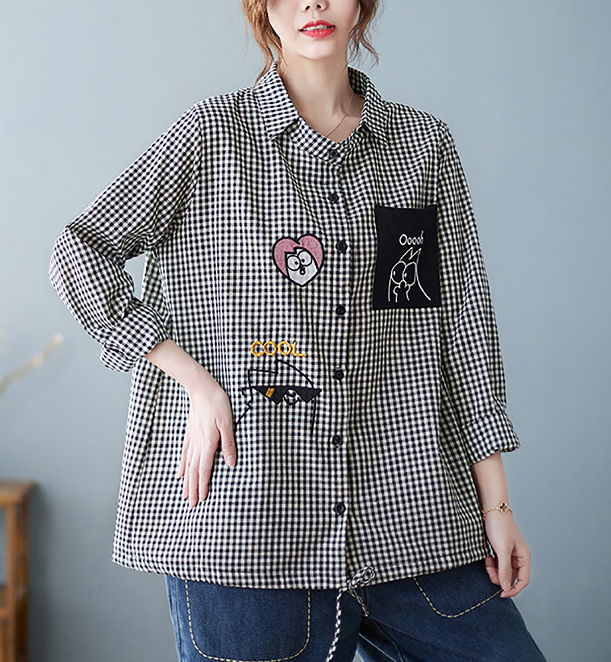 Women Gingham Checked Cotton Shirt