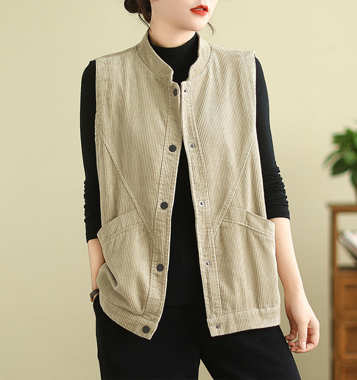 Women Mandarin Collar Sleeveless Tailored Jacket