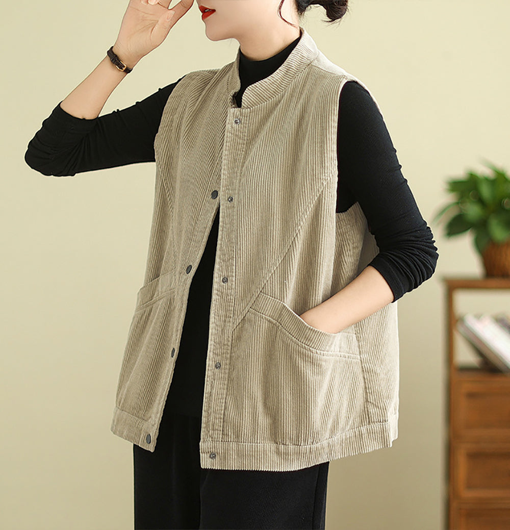 Women Mandarin Collar Sleeveless Tailored Jacket