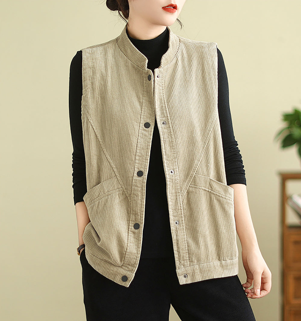 Women Mandarin Collar Sleeveless Tailored Jacket