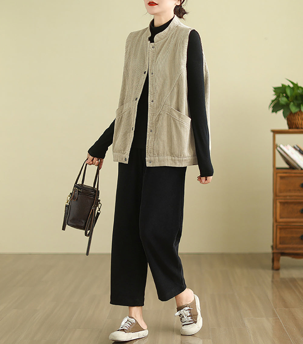 Women Mandarin Collar Sleeveless Tailored Jacket