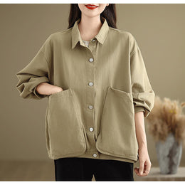 Women Cotton Shirt Collar Long Sleeves Top