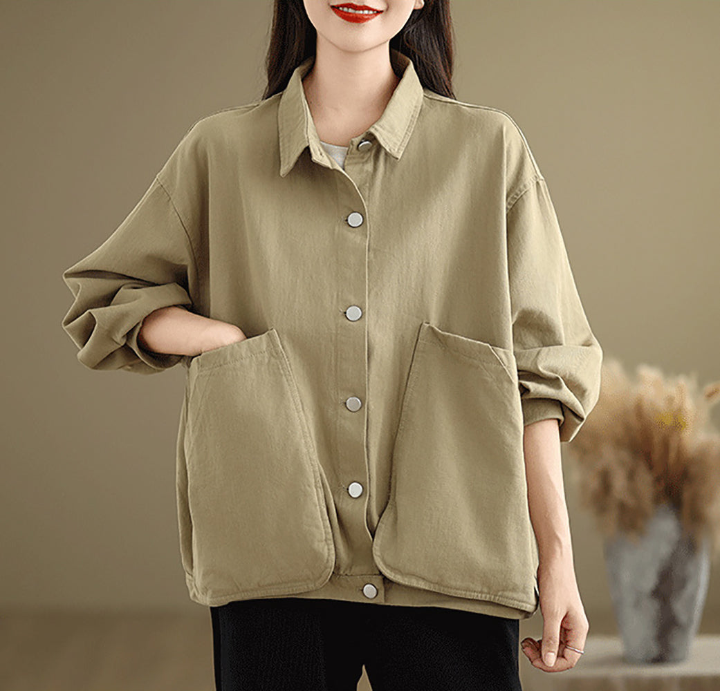Women Cotton Shirt Collar Long Sleeves Top