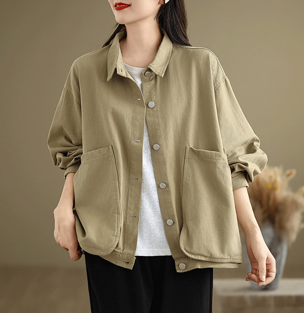 Women Cotton Shirt Collar Long Sleeves Top