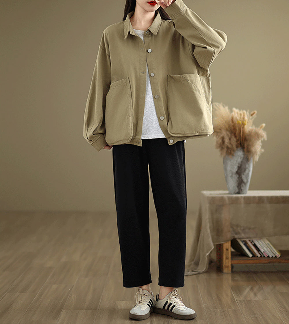 Women Cotton Shirt Collar Long Sleeves Top