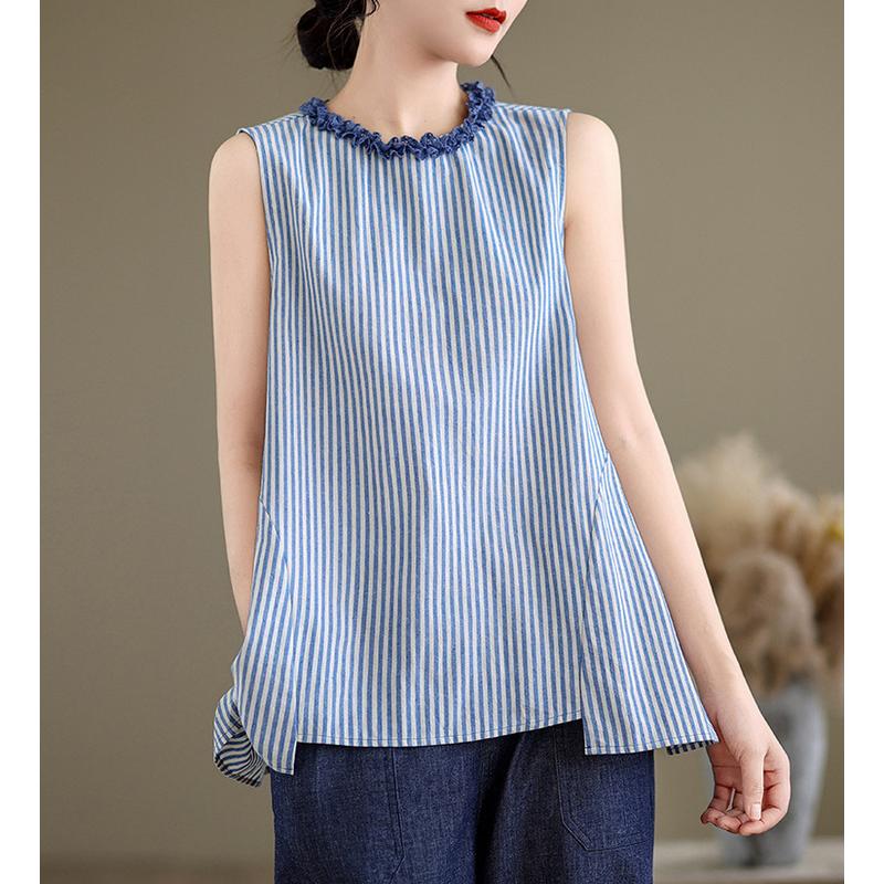 Women Striped Ruffles Cotton Peplum Top