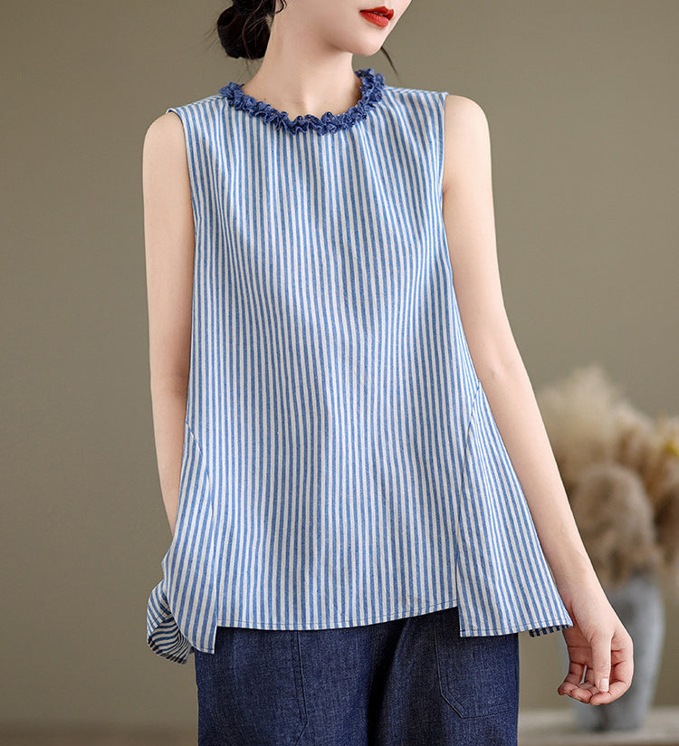 Women Striped Ruffles Cotton Peplum Top
