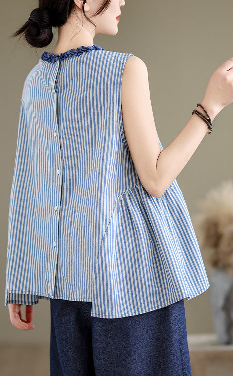 Women Striped Ruffles Cotton Peplum Top