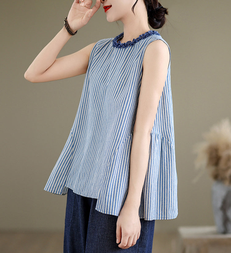 Women Striped Ruffles Cotton Peplum Top