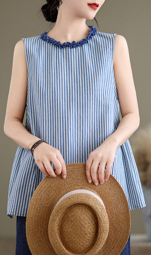 Women Striped Ruffles Cotton Peplum Top