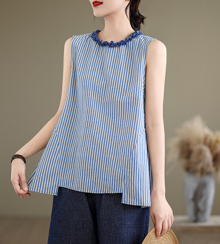 Women Striped Ruffles Cotton Peplum Top