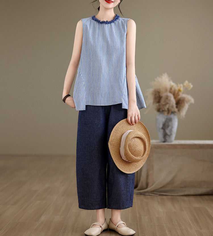 Women Striped Ruffles Cotton Peplum Top