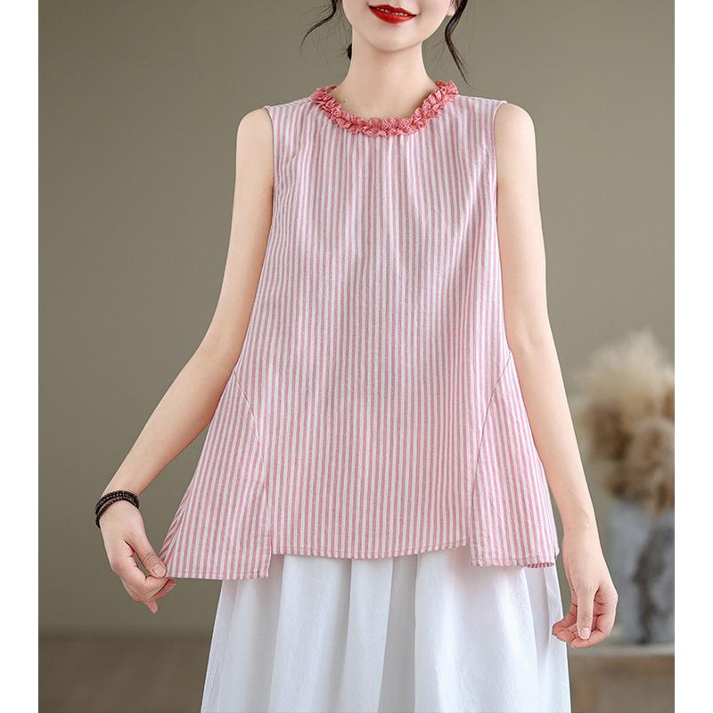 Women Vertical Stripes Ruffles Cotton Peplum Top