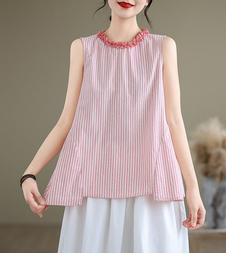 Women Vertical Stripes Ruffles Cotton Peplum Top